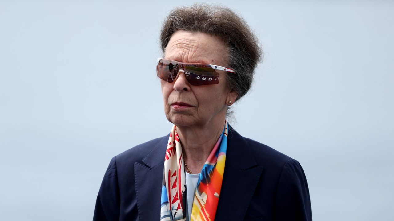 Princess Anne wears sunglasses as she attends the Rowing Women&#039;s Quadruple Sculls medal ceremony on day five of the Olympic Games Paris 2024 