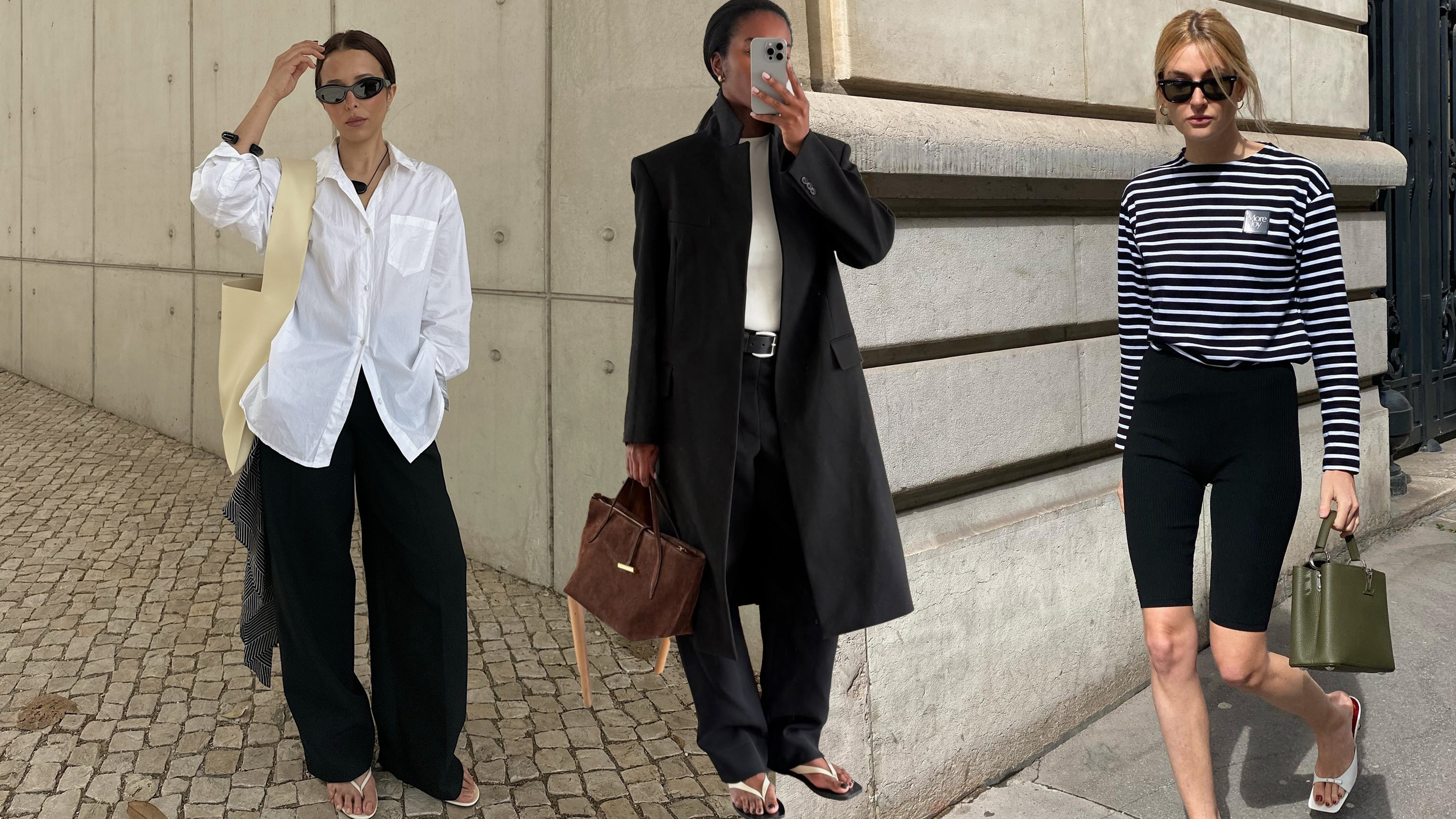 A collage of three women wearing white-sandal outfits.