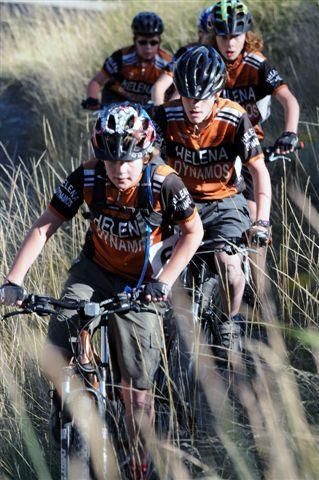 Garett Carlson (Helena Dynamos) leads Keaton and Colin Habeck (Helena Dynamos) in the middle school race.