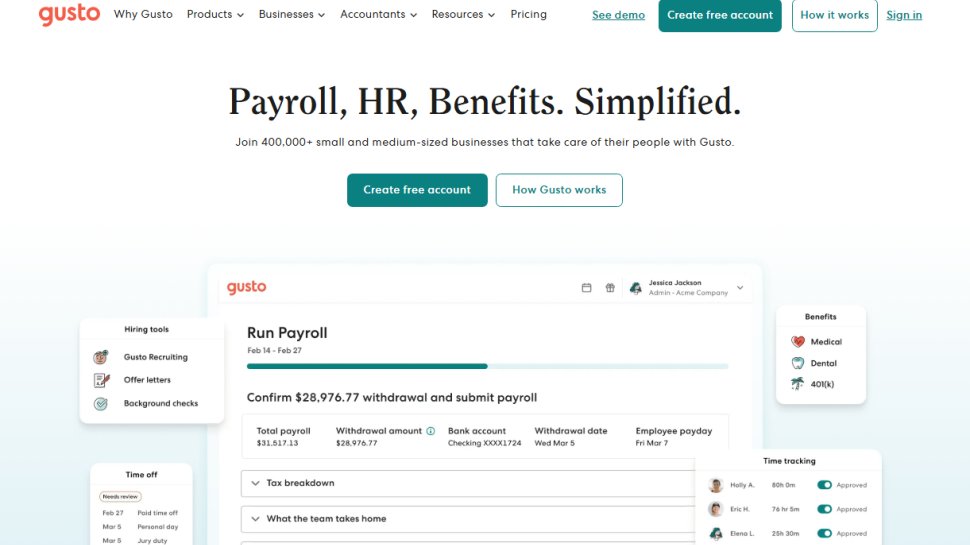 Website screenshot of Gusto (March, 2026)