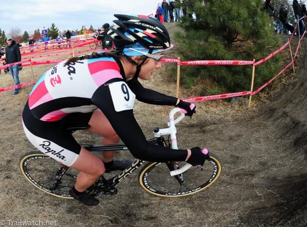 Julie Krasniak (Rapha Focus) leading the race on lap one