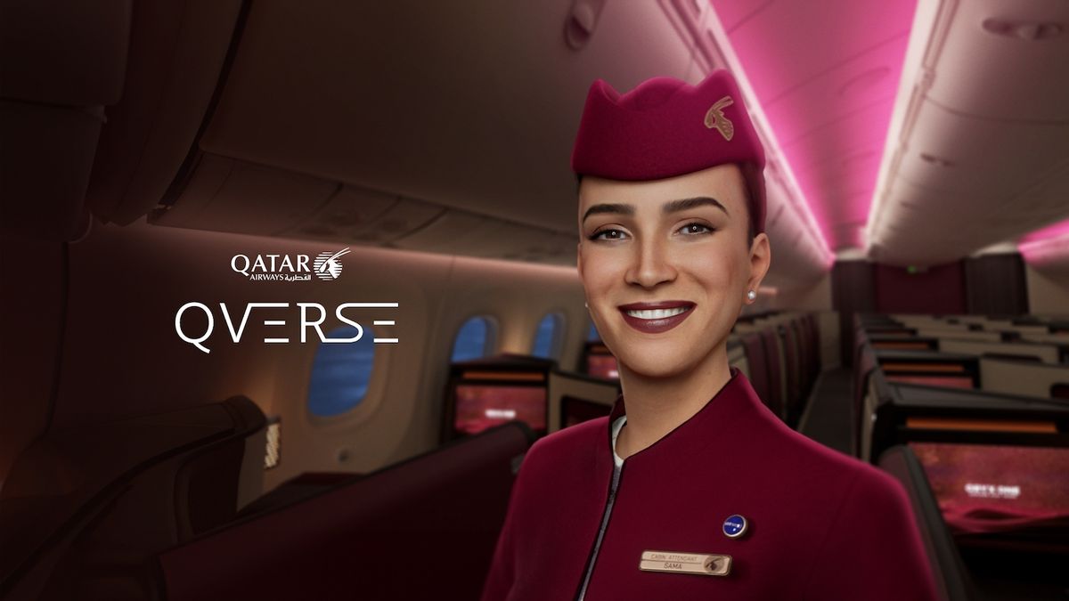 Qatar airways hostess smiles in the plane cabin.