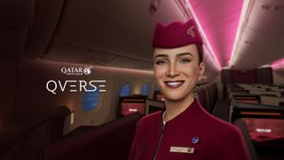 Qatar airways hostess smiles in the plane cabin.