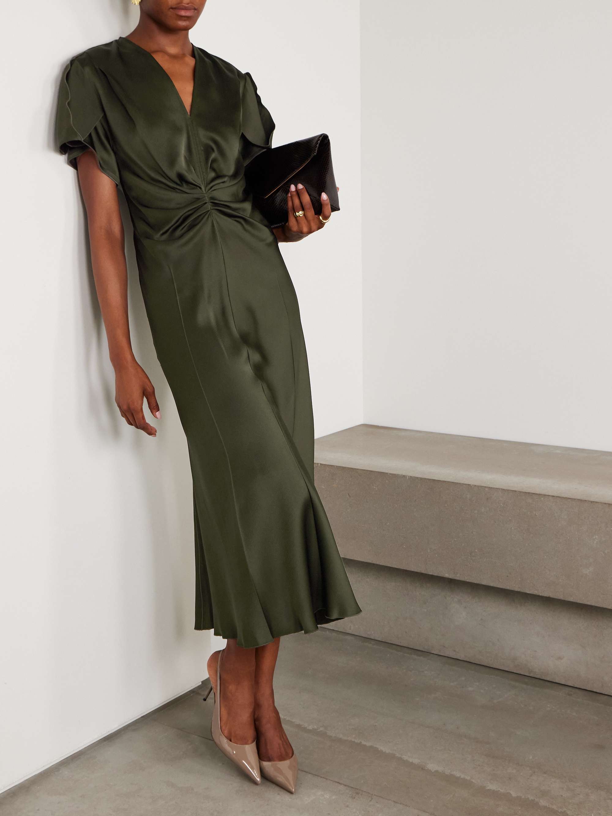 Bella Gathered Satin Midi Dress