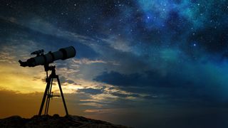 telescope on a hill with starry background