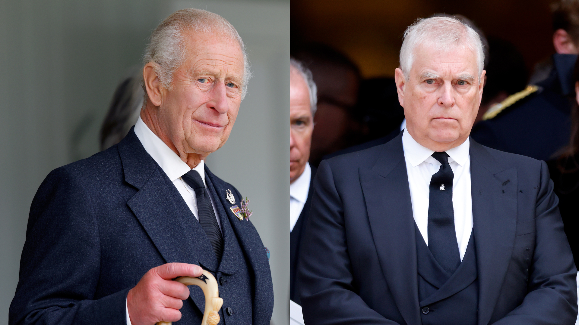 King Charles wearing a blue suit holding a walking stick; Prince Andrew wearing a blue suit and making an angry expression