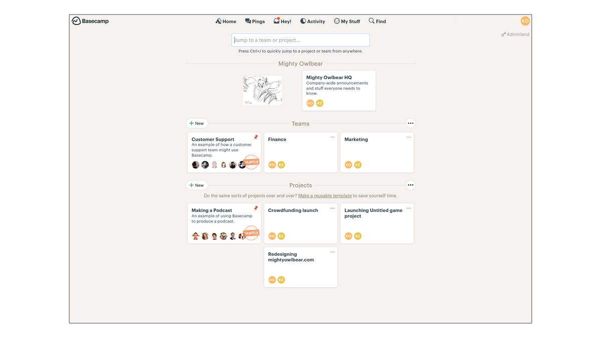 A screenshot of Basecamp 3&amp;#039;s main user interface screen