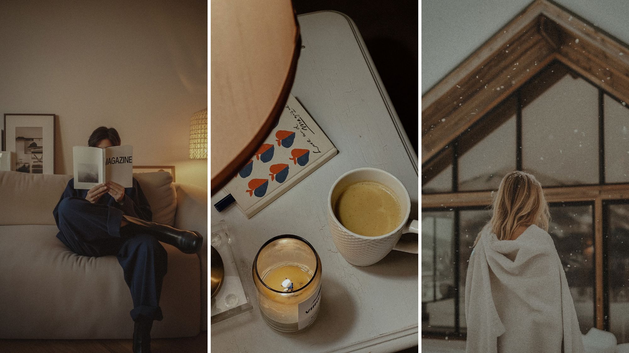 A woman reading a magazine; a flatlay of a candle, cup of tea, and book; a woman looking at a chalet in the snow