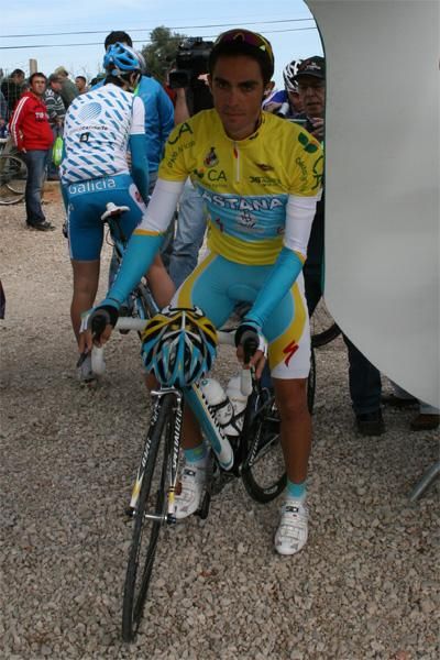 Alberto Contador (Astana) wears the leader's yellow jersey.