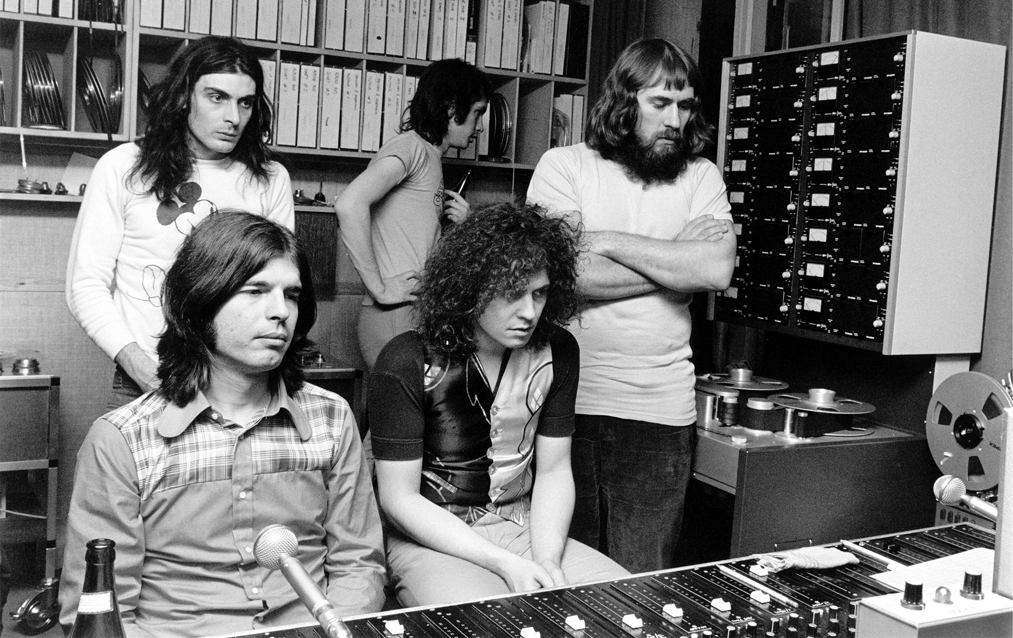 DENMARK - MARCH 01: Photo of Marc BOLAN; Marc Bolan / T-Rex at Rosenberg Studios, Copenhagen, where Marc was recording, March 1972., Standing at the back: Mickey Finn and Steve Currie., Sitting: producer Tony Visconti and Marc. To the right Danish engineer Freddy Hansson