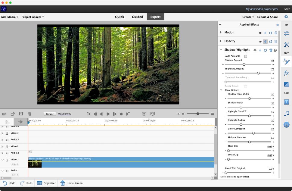Tangkapan layar efek Bayangan/Sorotan dalam perangkat lunak pengedit video Adobe Premiere Elements