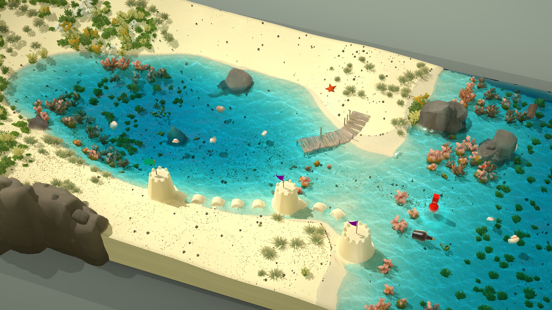 A diorama of a sandy landscape nearby the ocean in sandbox builder, Sandcastle
