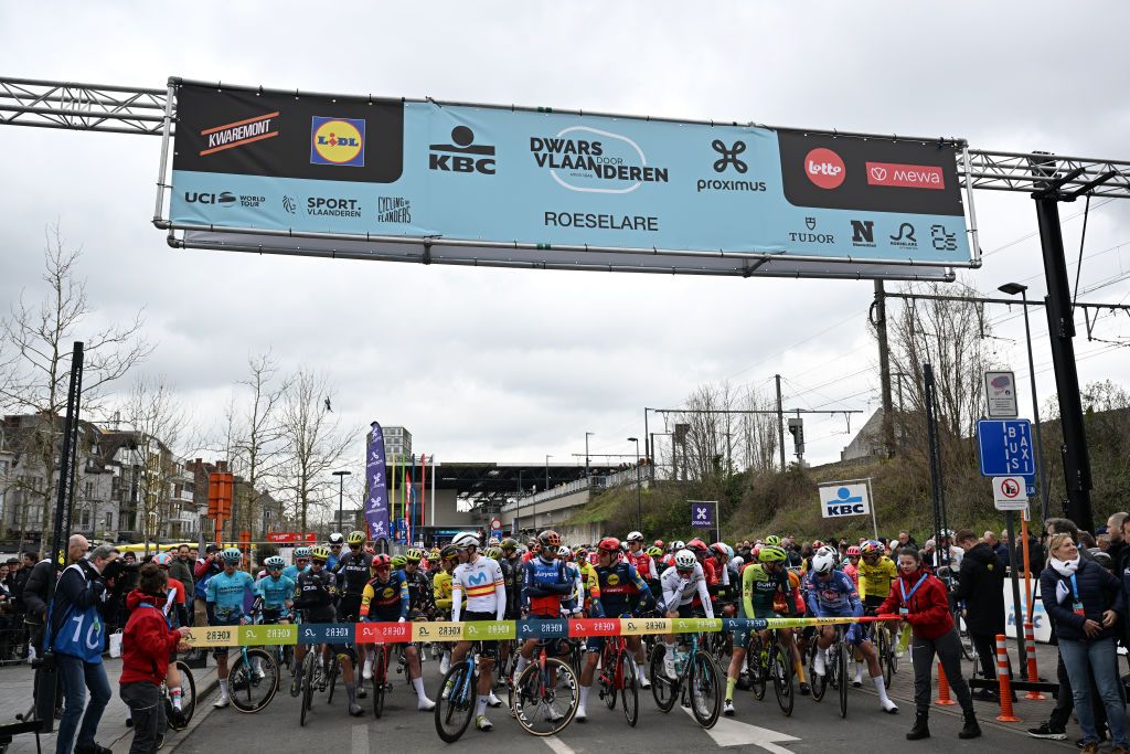 ROESELARE BELGIUM MARCH 27 LR Oier Lazkano of Spain and Movistar Team Michael Matthews of Australia and Team Jayco AlUla Jasper Stuyven of Belgium and Team Lidl Trek Gleb Brussenskiy of Kazakhstan and Astana Qazaqstan Team and Jordi Meeus of Belgium and Team BORA hansgrohe prior to the 78th Dwars Door Vlaanderen 2024 Mens Elite a 1886km one day race from Roeselare to Waregem UCIWT on March 27 2024 in Roeselare Belgium Photo by Tim de WaeleGetty Images