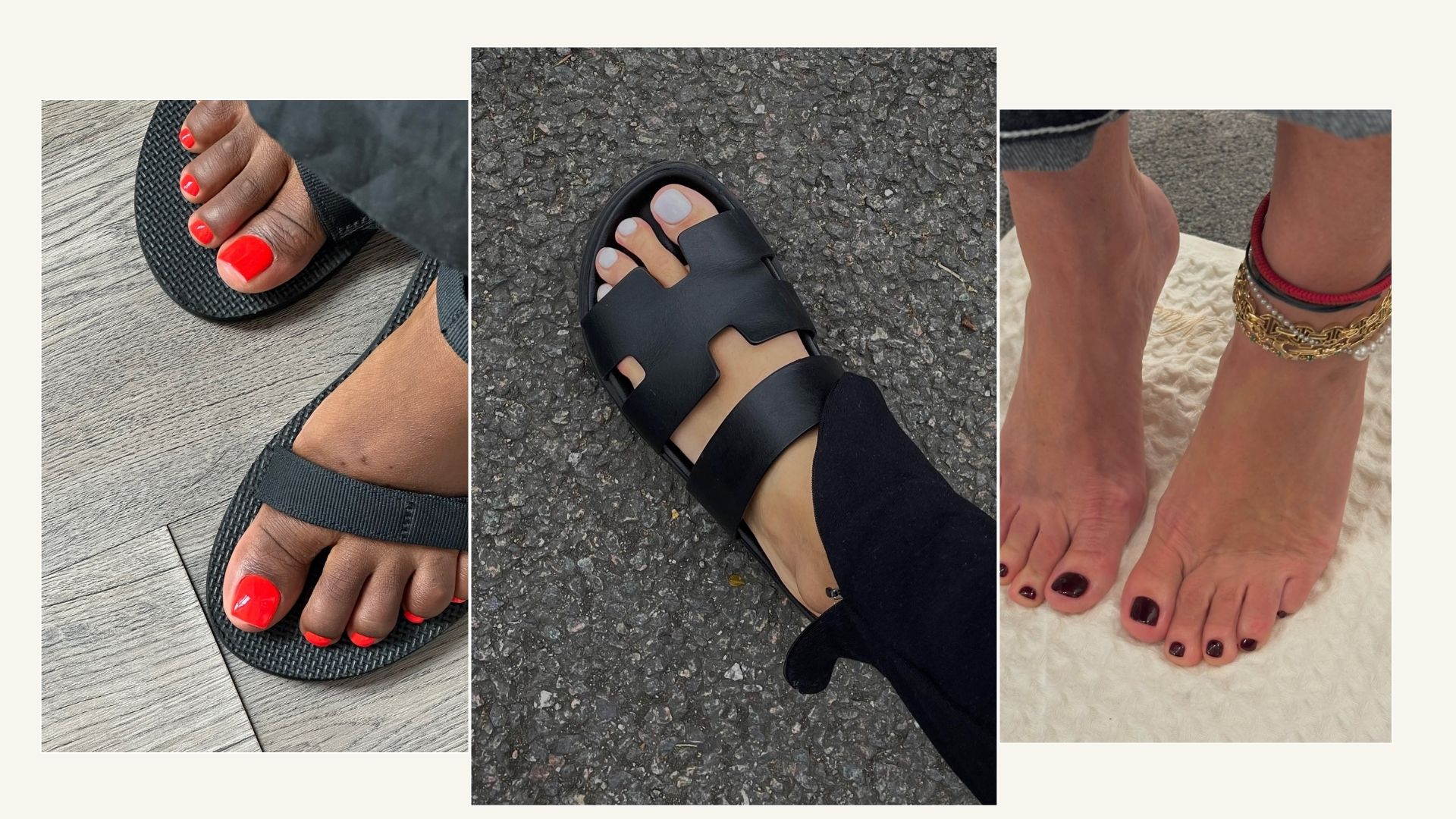 A trio of photos featuring summer pedicure trends 2026