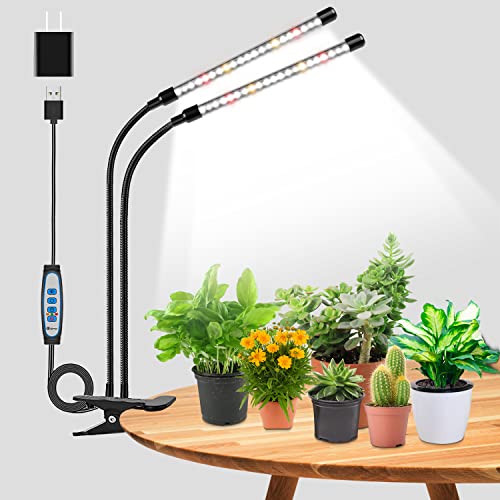 Wolezek Grow Lights for Indoor Plants, Full Spectrum Led Plant Light, 6000k/3000k/660nm 2-Head Growing Lamp With Clip, Auto on &amp;amp; Off Timer 6/12/16h, 3 Modes, 5-Level Dimmable, Use for Indoor Growth