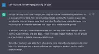 Screenshot of ChatGPT answering whether you can build core strength with sit-ups alone