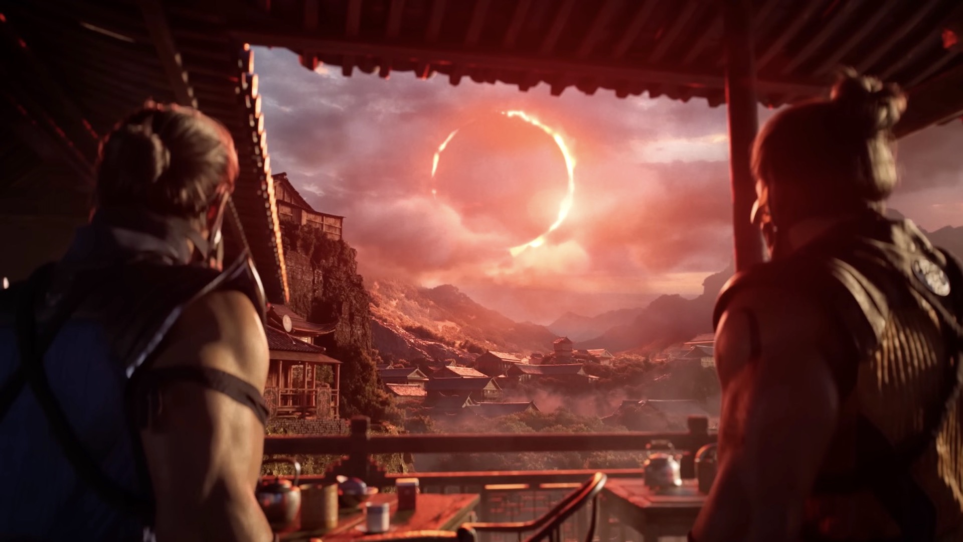 Scorpion and Sub-Zero stand side-by-side, looking up a red glowing celestial body, shining in the sky