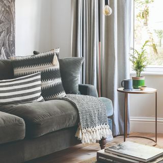 A living room with a grey velvet sofa and patterned cushions