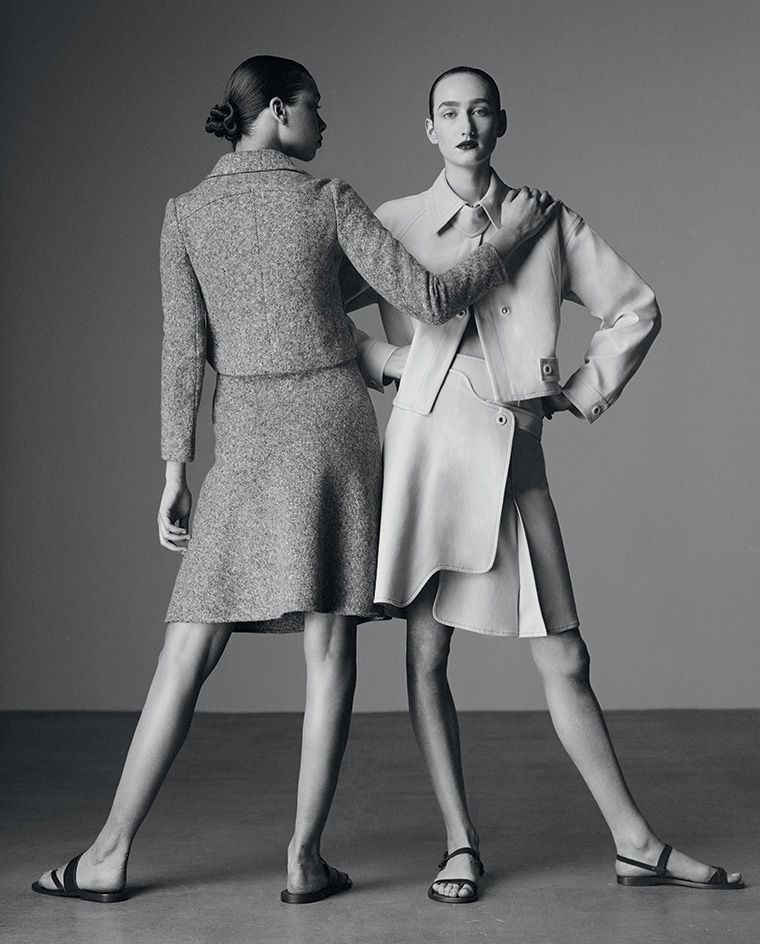 Maria (left) wears jacket; skirt, both from the A/W69 collection. Tamara wears jacket; skirt, both from the S/S20 collection, all by Sportmax. Sandals, throughout, £195, by Alvaro