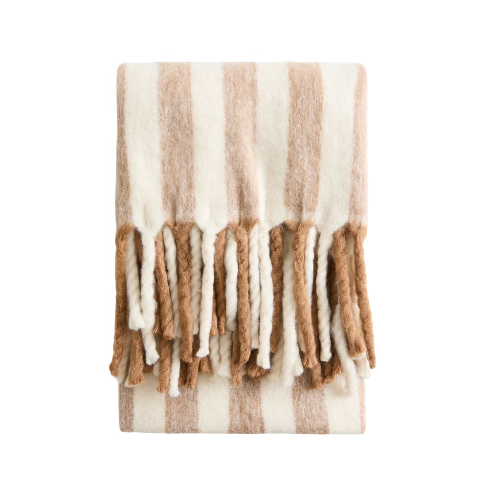 Beige Striped Patterned Wool-blend Throw