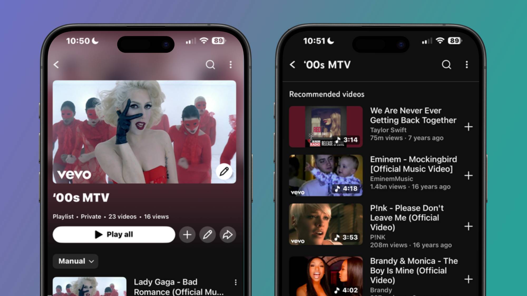 Two smartphones showing a playlist in YouTube with a recommended videos section at the bottom