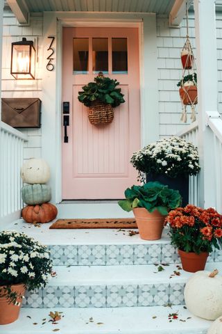 fall front decor ideas, pink door and hanging basket