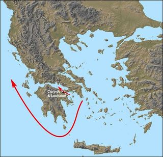 This map of Greece compares the shortcuts across the Isthmus of Corinth against the seaway south of the Peloponnese.