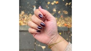 A close-up picture of Digital Beauty Editor, Aleesha Badkar's almond burgundy nails/ against a autumnal backdrop