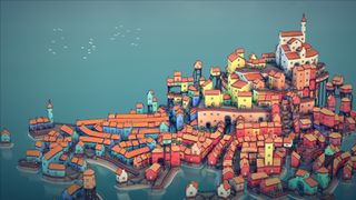 best free web browser games: a large town on the sea in Townscaper