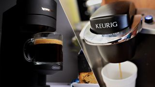 Two coffee machines from Nespresso and Keurig side-by-side in a split image