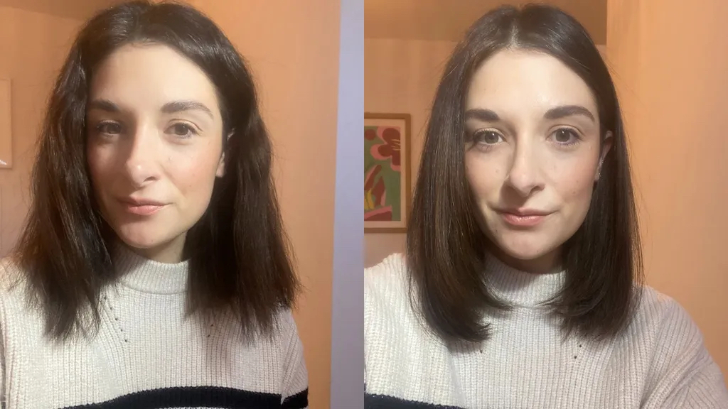 Beauty editor Jess before and after using the ghd Platinum Plus Styler