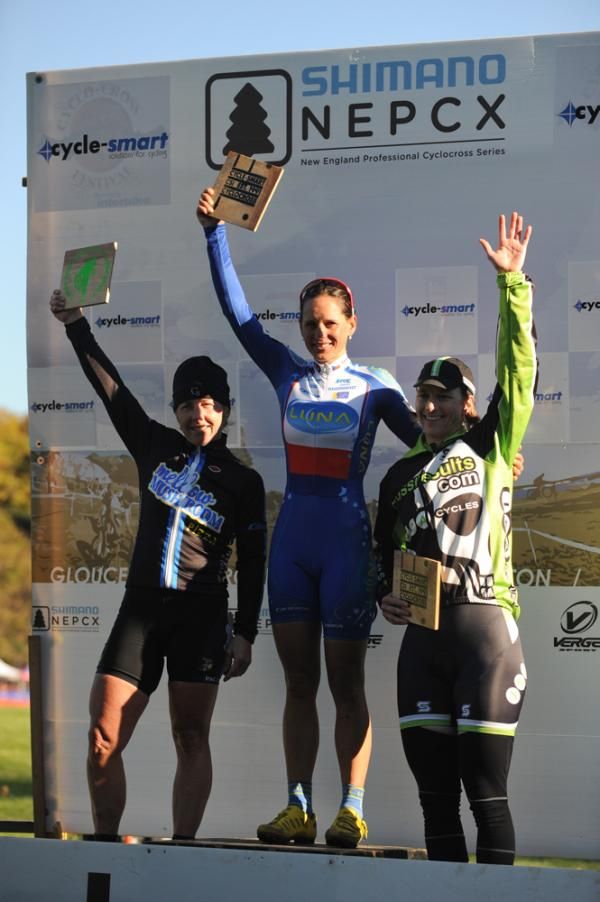 The Elite women&rsquo;s podium (L to R): Laura Van Gilder, Katerina Nash, Sally Annis