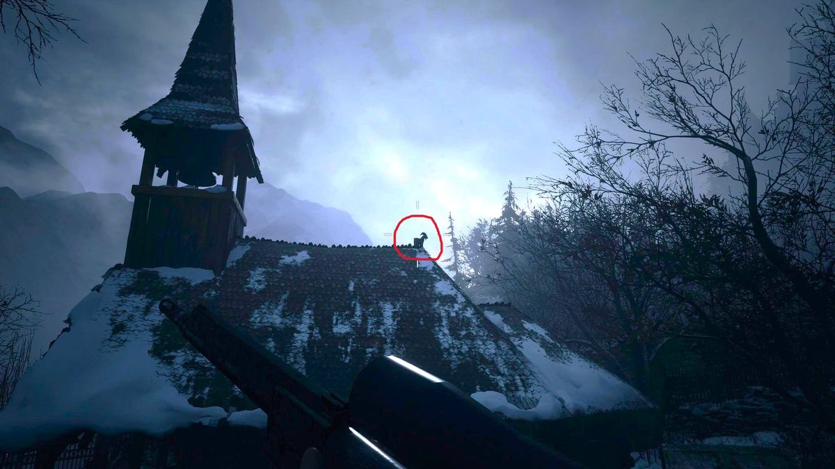 Edited in-game screenshot of a Goat of Warding in Resident Evil Village