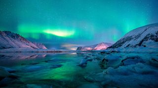 blue and green northern lights above lake