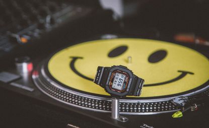 G-Shock and Museum of Youth Culture watch on Smiley face turntable