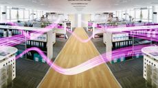 Floating beams of light traversing an office space