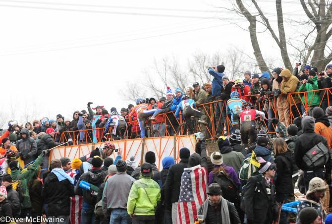 The crowd on the ridge was massive as riders took to the off-camber section of course