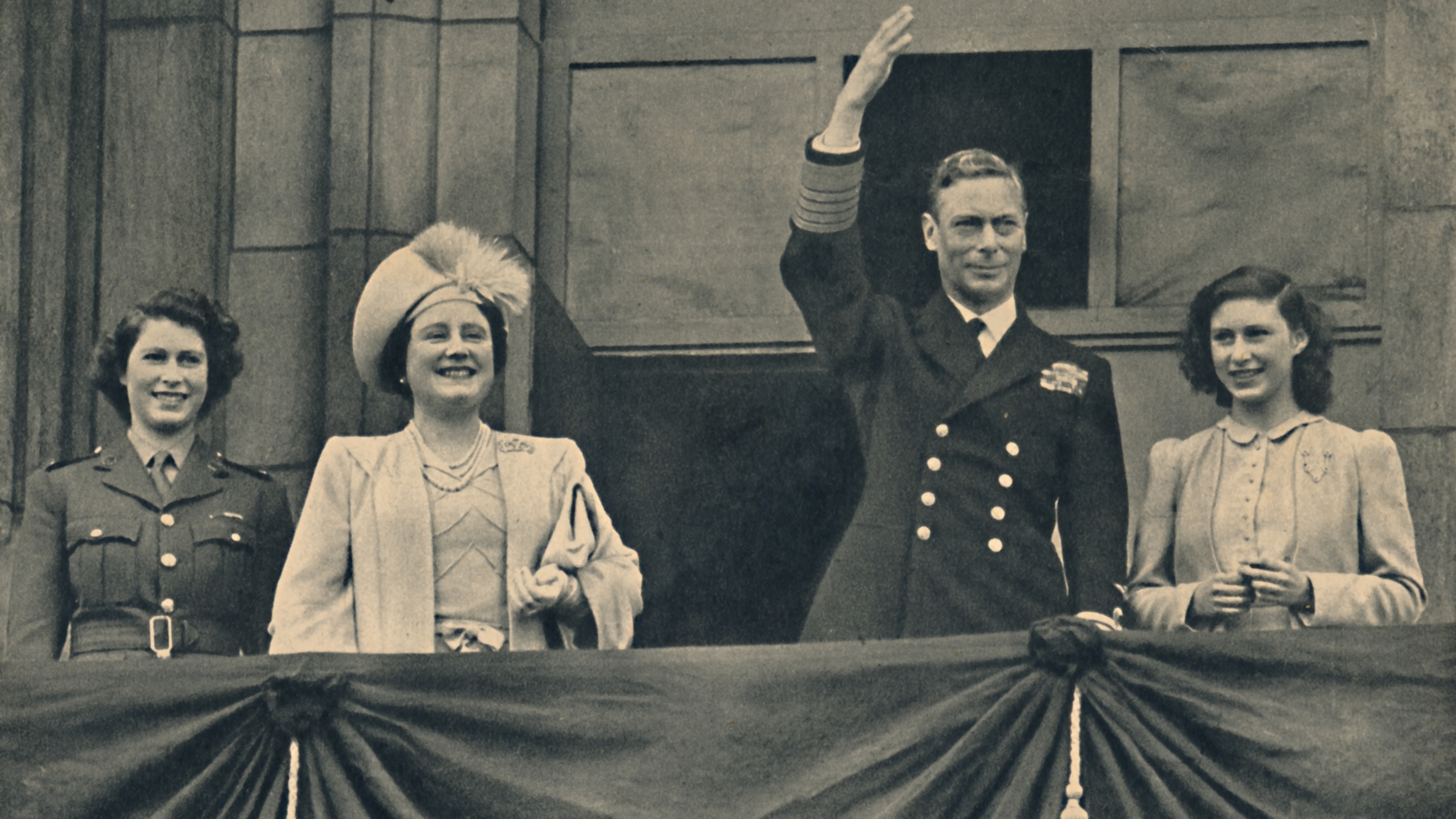 King George VI, Queen Mother, Queen Elizabeth and Princess Margaret on the Balcony of Buckingham Palace on VE-Day, 8 May 1945
