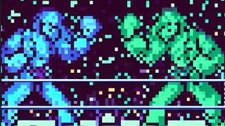 Image of Blue and Green competitors in a boxing ring, pixelated style representing Sony vs Xbox