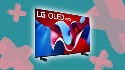 LG OLED C4 with teal backdrop and pink GamesRadar+ symbols