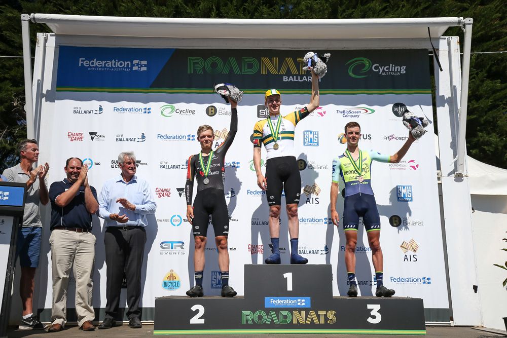 Callum Scotson on the top step of the U23 time trial podium