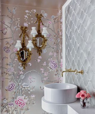 Pink wallpaper with silver and pink floral design, silver pattern wallpaper