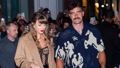 Taylor Swift and Travis Kelce walk around New York City where Swift wears a lace corset and a camel coat