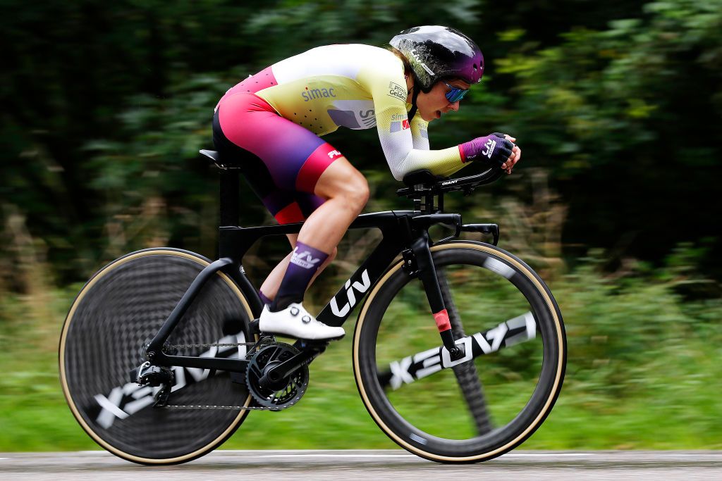 GENNEP NETHERLANDS AUGUST 26 Alison Jackson of Canada and Team Liv Racing Yellow Leader Jersey during the 23rd Simac Ladies Tour 2021 Stage 2 a 222km Individual Time Trial stage from Gennep to Gennep SLT2021 UCIWWT on August 26 2021 in Gennep Netherlands Photo by Bas CzerwinskiGetty Images
