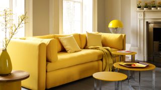 grey mustard and red living room