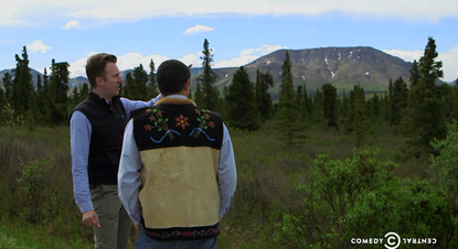 Jordan Klepper talking to an Alaskan native on Mt. McKinley, now renamed "Denali"