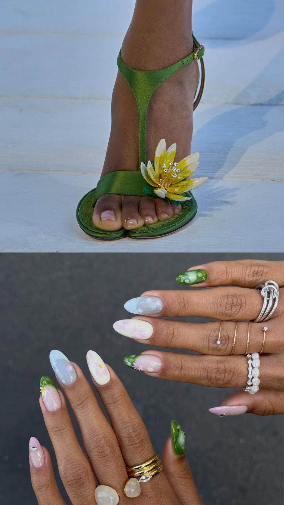 A split image of a runway shot from Dior's F/W 26-27 show and nails by manicurist Oksana Zavora.