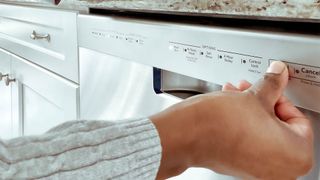 Can you put dish soap in the dishwasher? Image of woman using dishwasher controls