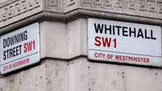 Two street name signs, one saying Downing Street and the other saying Whitehall