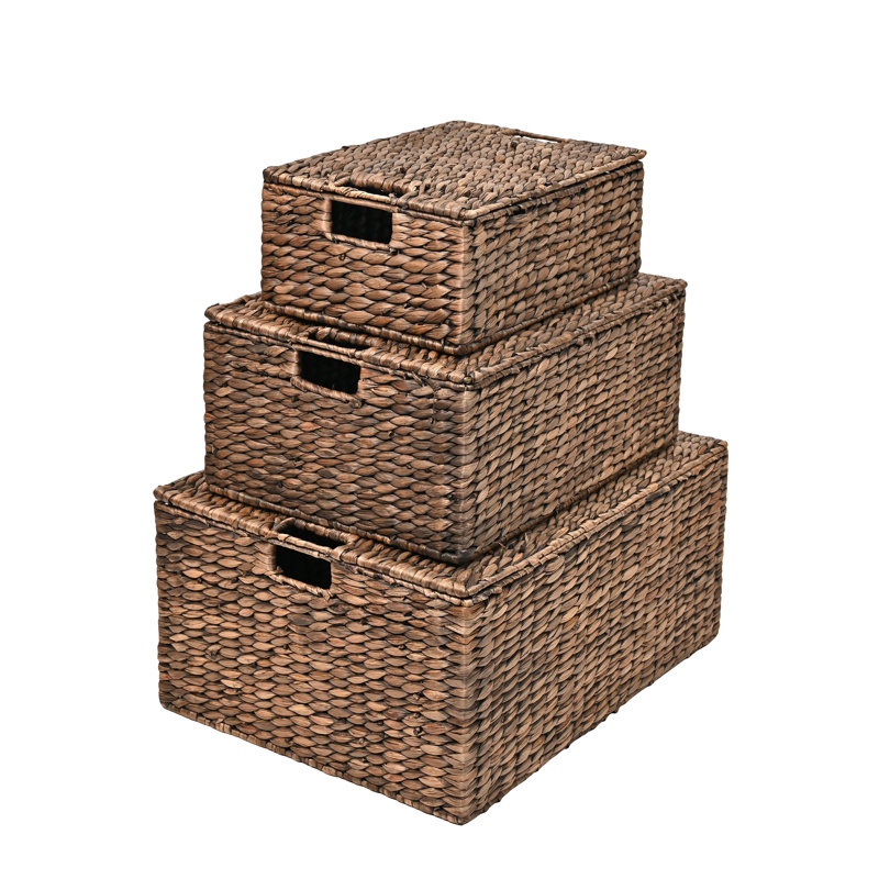 Happimess Bushman Classic Farmhouse Woven Hyacinth Rectangular Storage Baskets With Lids and Handles (set of 3) &amp;amp; Reviews | Wayfair